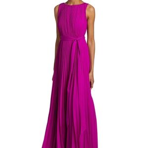 Badgley Mischka Sleeveless Pleated Belted Maxi Dress Magenta